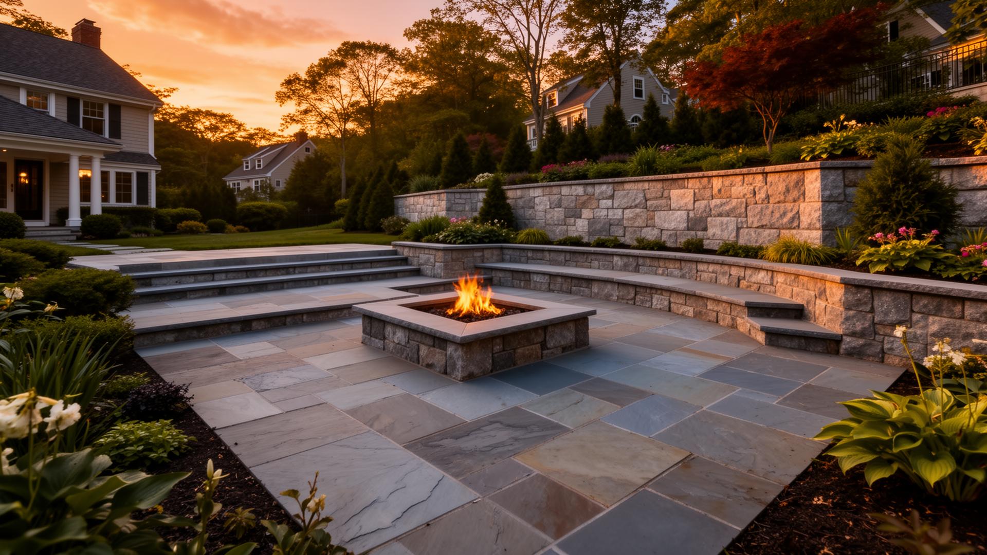 Multi-level bluestone patio with built-in firepit and granite retaining wall in a Boston suburb at sunset